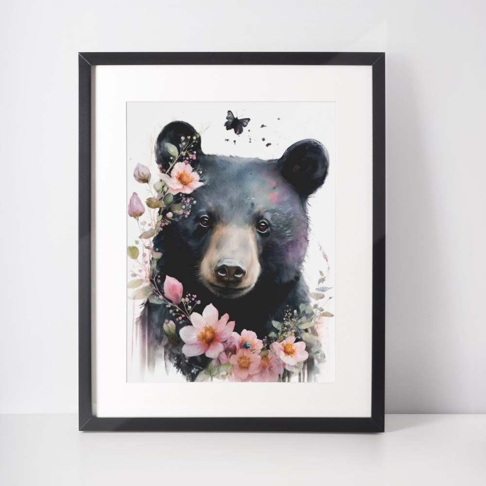 Watercolor Floral Black Bear Portrait Wall Art Illustration Print Unframed - Picture 3 of 6